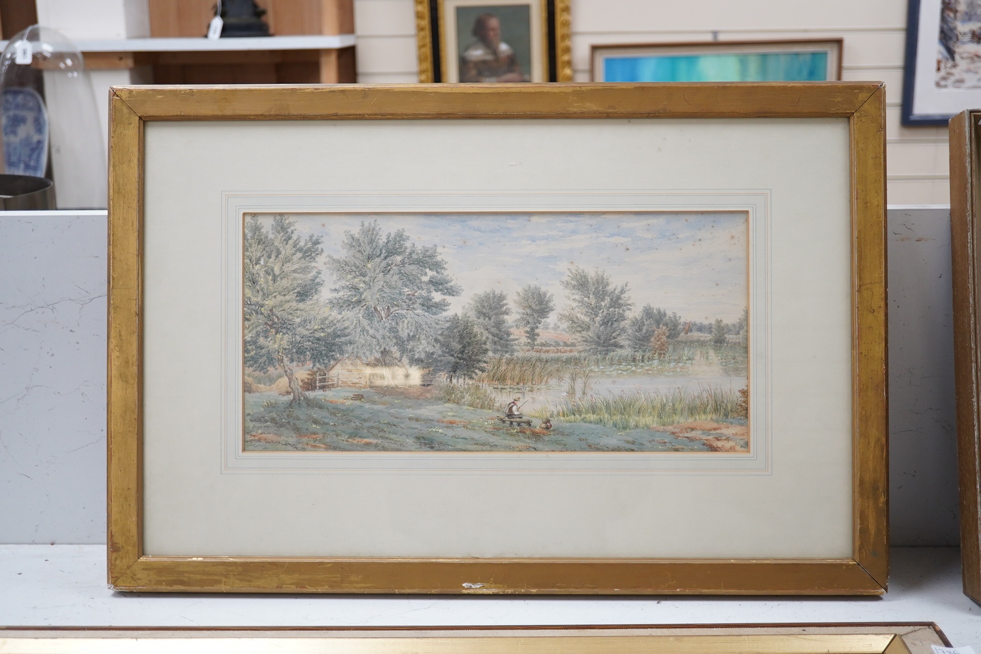 Late 19th century, English school, anglers beside a river, monogrammed, 21 x 44cm. Condition - fair